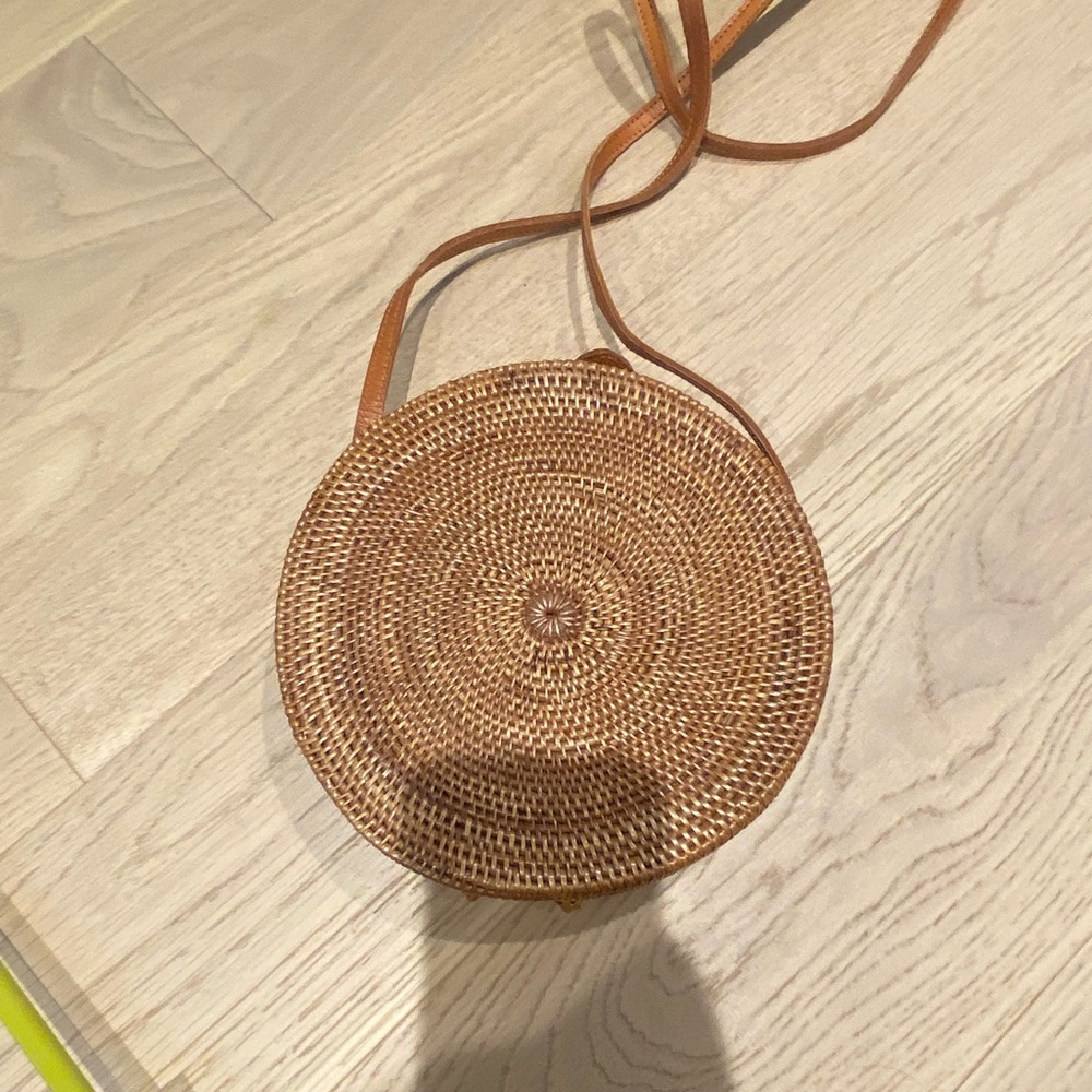 Round Woven Tan Crossbody Bag